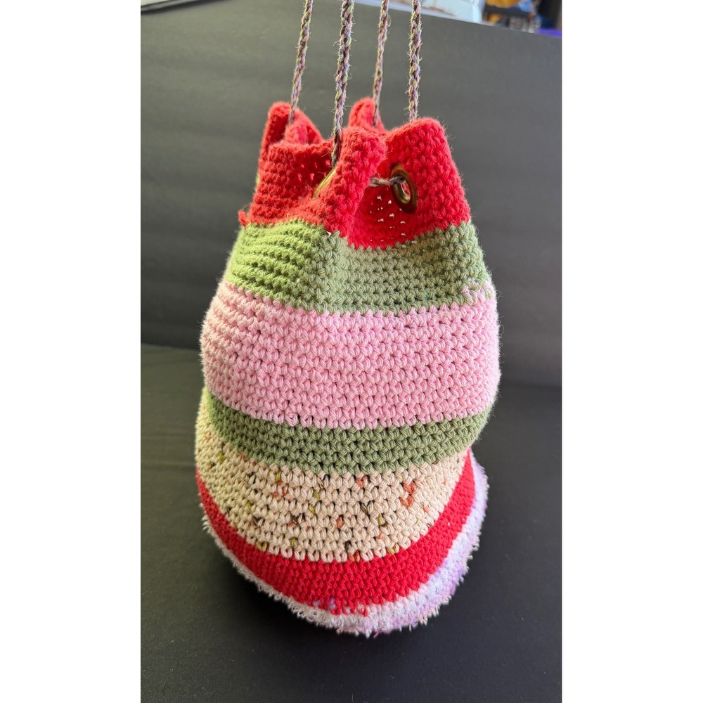 Handcrafted Crochet Bucket Bag Pink Green Striped Boho Drawstring Purse Whimsy - Picture 2 of 12